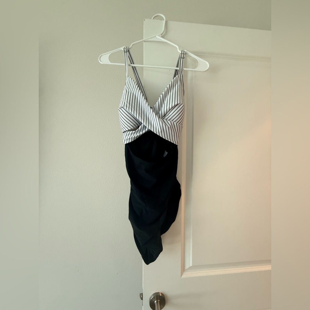 MCM Black and White Striped One-Piece Swimwear